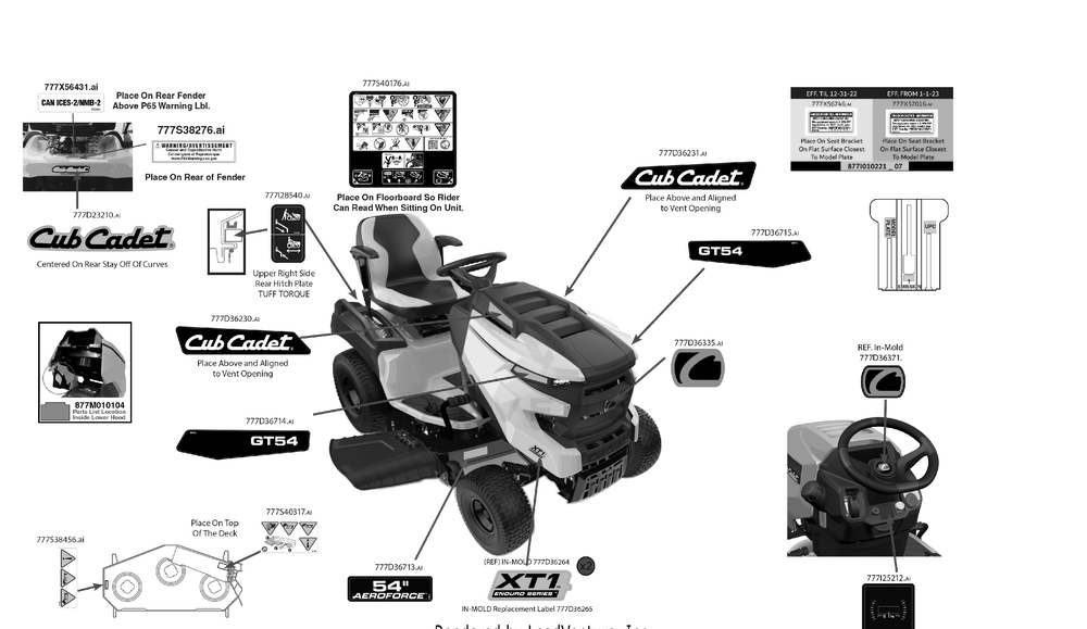 Label Map Diagram and Parts List for XT1-GT54KH (14AQA3TMA10)(2023) Cub Cadet Lawn Tractor